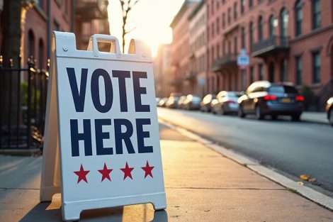 Sign with message Vote Here on sidewalk in New York City. American elections, voting place, urban city street scene. Afternoon sunlight, democracy civic duty concept.
