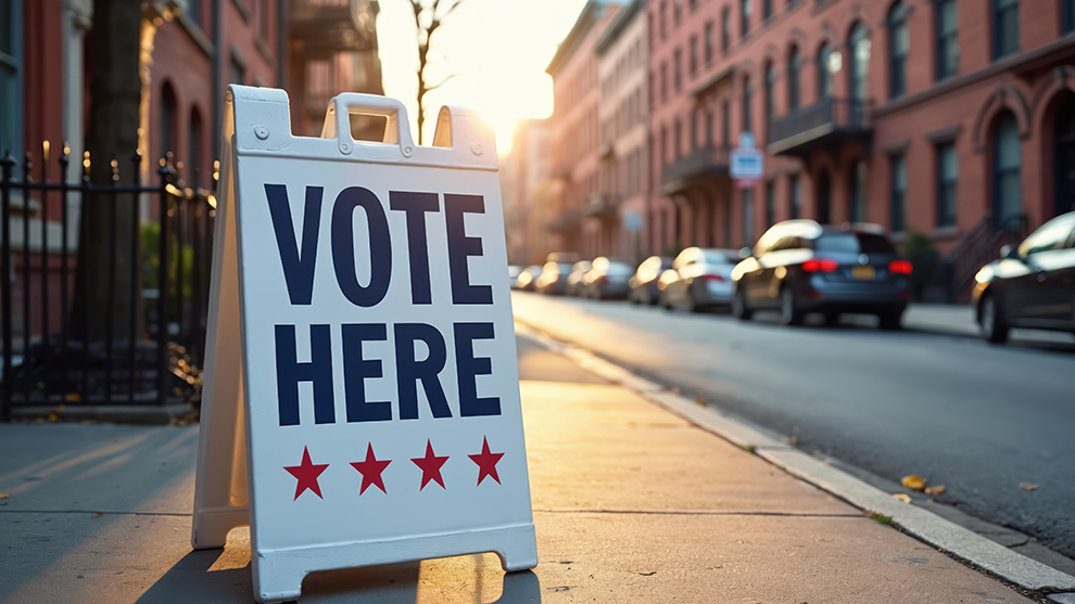 Sign with message Vote Here on sidewalk in New York City. American elections, voting place, urban city street scene. Afternoon sunlight, democracy civic duty concept.