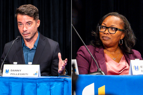 Side-by-side photos of Danny Pellegriti ’00, left, gesturing as he speaks and Ebony David ’02 listening during Hofstra’s 2026 Presidential Symposium.
